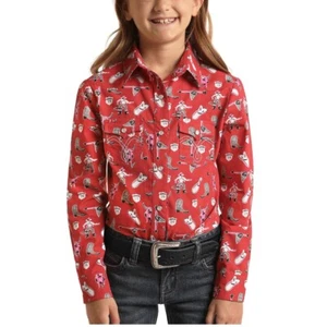 Panhandle® Youth Girl's Red Western Rodeo Print Snap Shirt C6S3494 - Picture 1 of 1