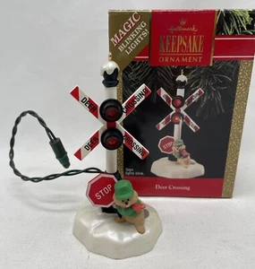 Hallmark Keepsake Magic Ornament Deer Crossing Train Vintage 1990; Sign Lights - Picture 1 of 5