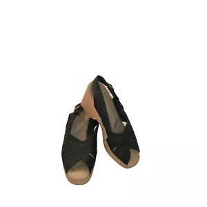 Spring Step Size 6 37 Sandals Black Leather Slingback 3" Wedge Peep Toe Italy - Picture 1 of 7