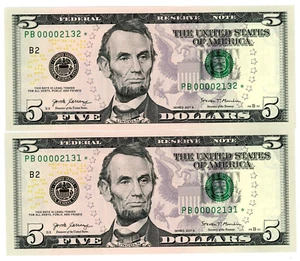 Federal Reserve Note .. Fr-# 1998-B*.. 5 Dollars .. 2017A .. Gem *UNC* Pair Note - Picture 1 of 2