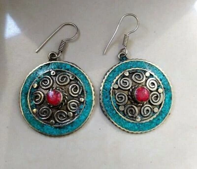 Orecchino vintage in argento con pendente a goccia, corallo e turchese,... - Immagine 1 di 4