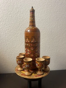 Russian Hand Painted Wooden 10 1/4" Decanter w/ 5 goblets & Tray - Picture 1 of 7
