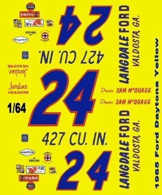 Calcomanías de tobogán acuático #24 Sam McQuagg Langdale Ford 1965 escala 1/64 HO Foto 1 de 2