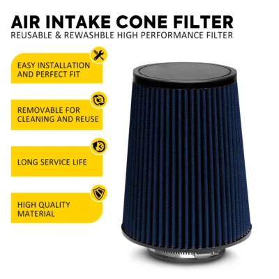 4" Blue Long Truck Performance High Flow Intake Cold Air Cone Dry Filter Truck - Image 1 of 4