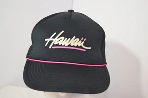 VTG Hawaii Snapback Spellout Script Trucker Mesh Back Hat Black Hot Pink - Picture 1 of 11