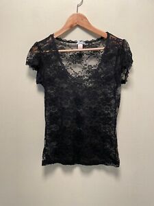 Vintage Women Baby Tee Size Medium Black Floral Lace Mesh Sheer Stretch Goth Y2K