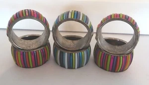 Napkin Rings-6 Silver Metal with Colored Stripes - Picture 1 of 4