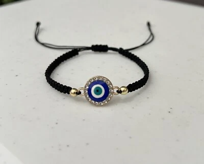 Evil Eye Bracelet, Sparkling Rhinestones, Adjustable Black Bracelet/Anklet - Image 1 of 4