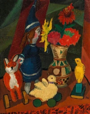 Still Life With Flower Jug and Puppet Rudolf Wacker 1926 Expressionist Austrian - Image 1 of 2