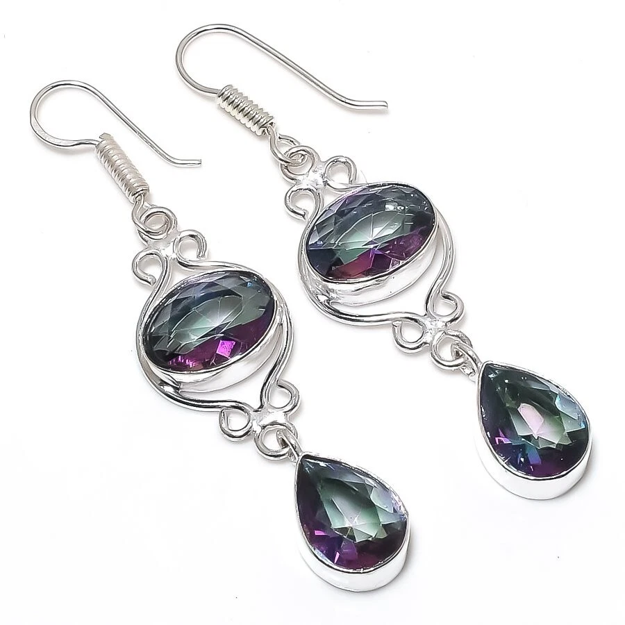 Mystic Topaz Gemstone Handmade 925 Sterling Silver Jewelry Earring Sz 2.4" - Image 1 of 1