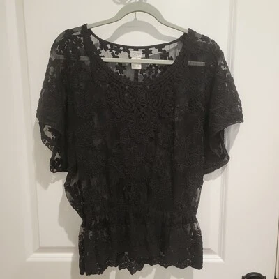 Charming Charlie Pullover Top Blouse Womens Size M Black Sheer Embroidered  - Image 1 of 4