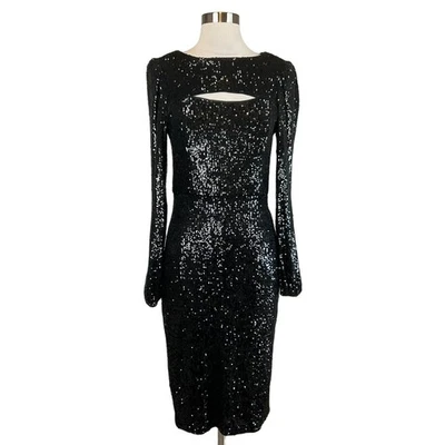 AQUA Women's Cocktail Dress Size 6 Black Sequined Long Sleeve Cut Out Sheath - Image 1 of 4