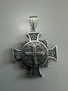 Antiqued St BENEDICT NECKLACE Pendant Protection Saint Medal Stainless Steel - Picture 1 of 7