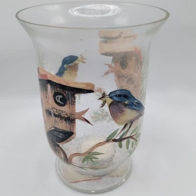 Fifth Avenue Crystal Crackle Glass 6" Hurricane Vase Blue Bird Birdhouse NIB - Image 1 of 4