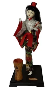 Vintage Japanese Geisha Doll with Drum on Stand Kimono Fabric & Accessories 12" - Picture 1 of 10