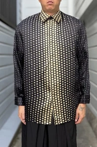 Vintage Genelli 100% Seide Hemd geometrische Quadrate schwarz gold groß sanft gebraucht - Bild 1 von 13