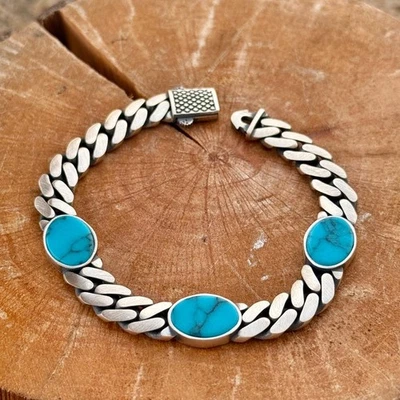Silver Turquoise Chain Bracelet Turquoise Gem Silver Curb Chain Bracelet - Image 1 of 4
