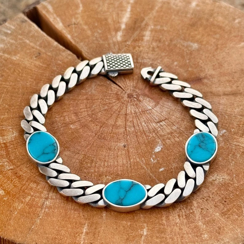Silver Turquoise Chain Bracelet Turquoise Gem Silver Curb Chain Bracelet - Image 1 of 4