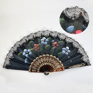 Ventaglio giapponese vintage pieghevole per signora in stoffa dipinto merletto X - Picture 1 of 9