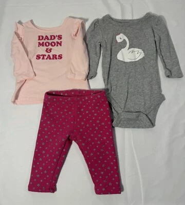 Bebé Niña Conjunto de 3 Piezas Cisne Body Estrella Camisa Top Vellón Forrado Rosa Pantalones Talla 3 Mos Foto 1 de 4