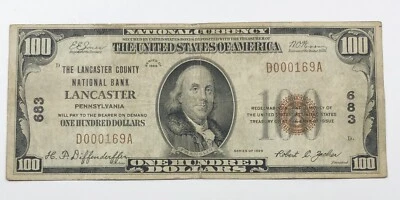 1929 $100 National Bank Note. Lancaster, PA. #683. Fine Shape. - Image 1 of 3