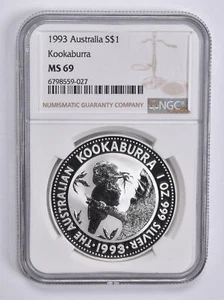 MS69 1993 Australia 1 Dollar Kookaburra 1 Oz Silver NGC Brown Label - Picture 1 of 5