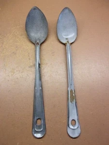 Two Vintage Chippy GRAY ENAMELWARE 13" SERVING SPOONS Primitive Rustic Pair - Picture 1 of 6