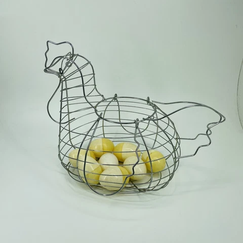 Vintage Wire Chicken Shaped Egg Basket w/ Handles Egg Collector Chrome Wire (TT) Cover