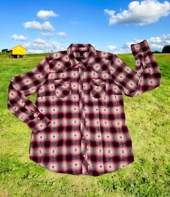 Camisa BIT & BRIDLE Western Rosa Franela a Cuadros Perla Botón a Presión Para Mujer Mediana  Foto 1 de 4