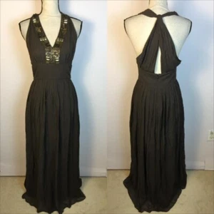 NWT Banana Republic 100% Silk Maxi Dress Size 4 Womans Brown Halter Metal Beads - Picture 1 of 21