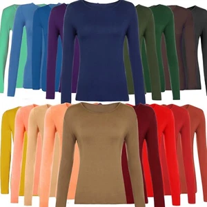 Womens Ladies Long Sleeve Stretch Round Scoop Neck T Shirt Top assorted 8-20 - Picture 1 of 14