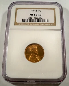 1944-S NGC MS66RD LINCOLN CENT 1c MS 66 RD RED - Picture 1 of 4