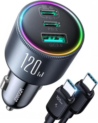 Cargador de Coche JOYROOM 120W Súper Rápido USB C, 3 Puertos PD100W+PD35W Cargador de Coche Foto 1 de 4