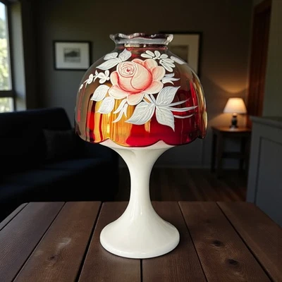 Westmoreland Carnival Glass Floral Handpainted 1979 Pedestal Fairy Lamp  - Image 1 of 3