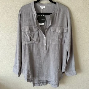 Oversize Relaxed Fit Half Button Front High Low Flap Pocket Top Womens Blouse S - Picture 1 of 9