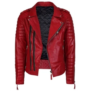 Men’s Red Leather Trucker Jacket Real Genuine Classics Slim Fit Real Biker Style - Picture 1 of 8