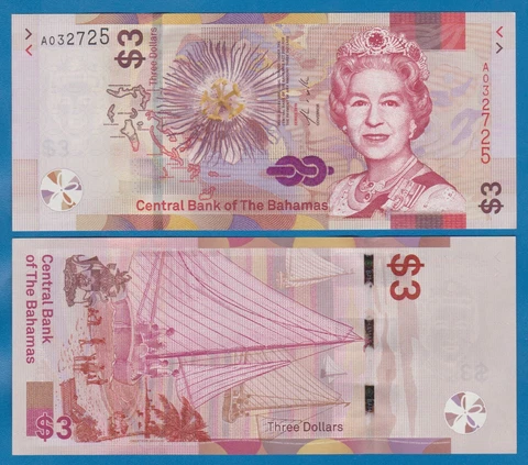 Bahamas 3 Dollars P 78 New 2019 UNC Prefix "A" Queen Elizabeth II Cover