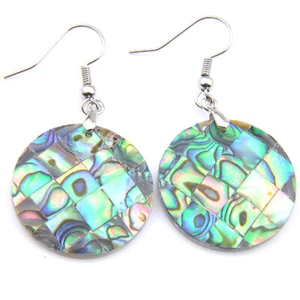 Classical Round Natural Handmade Abalone Shell Gems Silver Dangle Hook Earrings - Picture 1 of 7