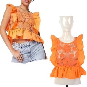 Crochet Orange Top Blouse Crop Ruffle Boho Peasant Sheer Poplin size UK 6 - Picture 1 of 12