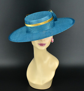 M23156 ( Teal blue/Gold )Medium Flat Brim Sinamay hat for Kentucky Derby Wedding