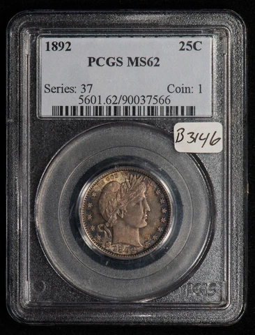 1892 25c Barber Silver Quarter - Luster - Thick Orig Toning - PCGS MS 62 - B3146 Cover