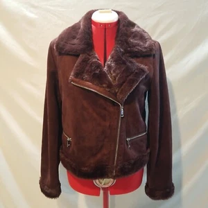 Womens Biker Faux Suede Reddish Brown Moto Jacket Furry Lining Punk Rock - Picture 1 of 3