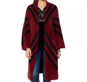 Curations Women's Open-Front Chevron Knit Sweater Burgundy Black Cherry M Boho - Picture 1 of 9