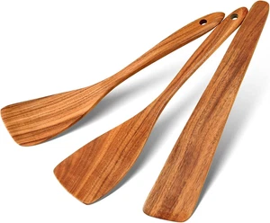 3Pcs Wood Spatulas for Cooking, Natural Teak Wooden Utensil Set - Flat Spatula T - Picture 1 of 12