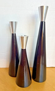 Swedish Style Brushed Steel and Wood Set of 3 Tapered Candle Holders New MCM - Picture 1 of 6