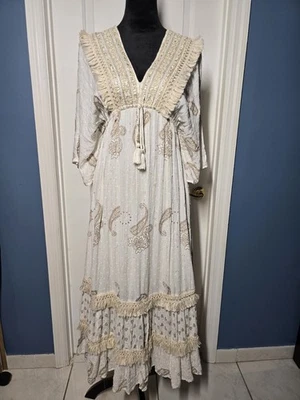 Zury Fringe Maxi Dress Free Size Cream Gold Paisley Tasseled Beach Boho Bride - Image 1 of 4