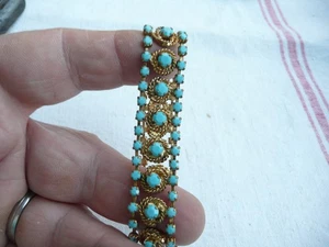 bracelet ancien en métal doré et verre ou pierre bleu imitant la turquoise - Picture 1 of 6