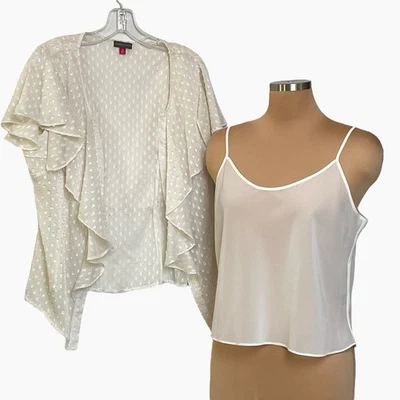 Vince Camuto 2 Piece Top Tank Sheer Dotted Overlay Flowy Ruffle Layers Cream - Image 1 of 4