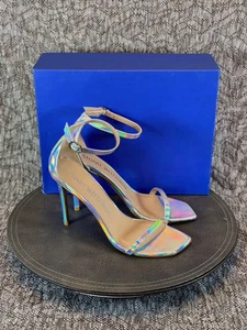 Stuart Weitzman Nudistcurve 100 Heels Sandal Silver Hologram Size 9 - Picture 1 of 13