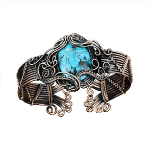Tibetan Turquoise Copper Gift For Bestie Wire Wrapped Cuff Adjustable Bangle - Picture 1 of 7